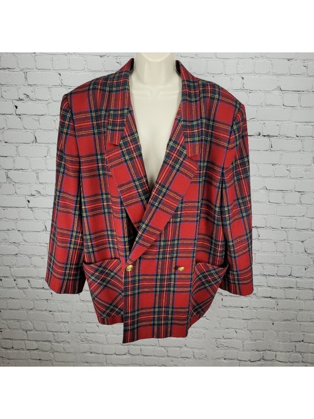 Giorgio Sant'Angelo Red Plaid 100% Wool Double Breasted Blazer Jacket Size 22